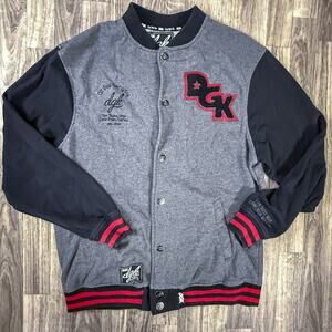 DGK Varsity Jacket Gray Black Red Large Logo Patch Snap Front Streetwear